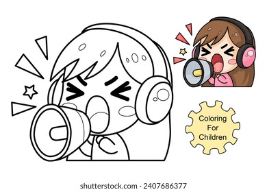 learn to color a girl screaming using a loudspeaker. coloring book, coloring pages for children.
