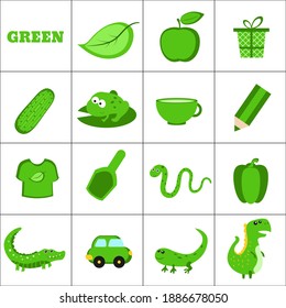 Learn the color. Green objects. Education set. Illustration of primary colors.