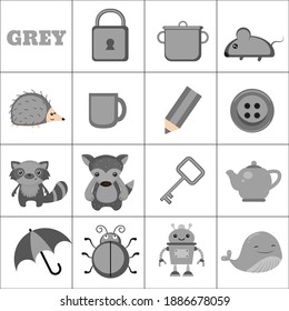 Learn the color. Grey objects. Education set. Illustration of primary colors.