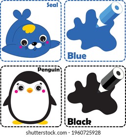 Learn color for kids with animals. Animal cards. Blue and black colors for baby.