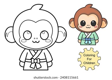 learn to color a monkey wearing a kimono, coloring book, coloring pages for children.