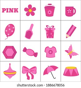 Learn the color. Pink objects. Education set. Illustration of primary colors.