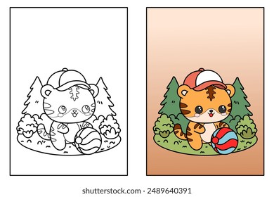 learn to color tiger cubs playing ball, coloring book, coloring pages for children.