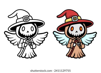 aprende a colorear el cráneo de brujas, las alas, el libro de colorear, las páginas de colorear para los niños.