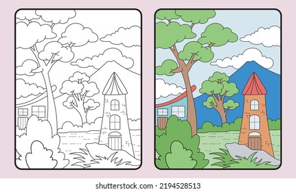 learn coloring for kids and elementary school. Tower, house, mountain and etc.