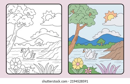 learn coloring for kids and elementary school. swans, lakes, mountains and others.