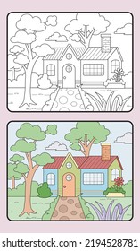 learn coloring for kids and elementary school. house, tree, garden.