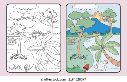 learn coloring for kids and elementary school. swan, Coconuts, trees, mountains and others.