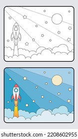 learn coloring for kids and elementary school. spaceship, rocket, moon and stars.