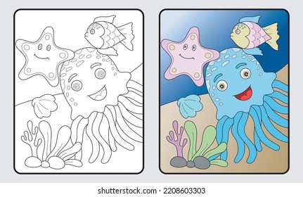 learn coloring for kids and elementary school. octopus, clams, starfish, fish.