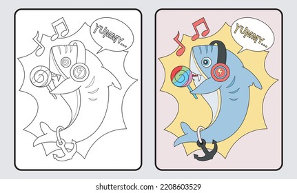 learn coloring for kids and elementary school. shark is listening to music and eating candy