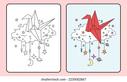 learn coloring for kids and elementary school. red origami, moon and stars