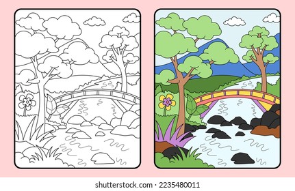 learn coloring for kids and elementary school. Mountains and rivers, bridges.