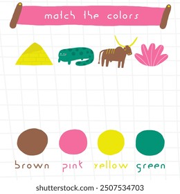 Learn colors ancient Egypt game for kids. Cute hand drawn doodle funny desert puzzle with pyramid, bull, plant, salamander. Educational worksheet, mind task, riddle, strategy quiz