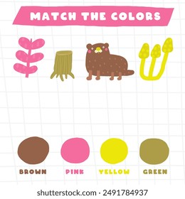 Learn colors game for kids. Cute hand drawn doodle funny backwater puzzle with otter, plant, mushroom, stump . Educational worksheet, mind task, riddle, strategy quiz