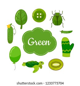Learn colors. Green. Different objects in green color. Educational material for children and toddlers.
