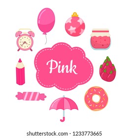 Learn 
colors. Pink. Different objects in pink color. Educational material for children and toddlers.
