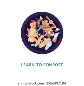 Learn to compost poster - organic waste bin for leftover food recycling from top view. Vector illustration of garbage composting bucket, isolated on white background.