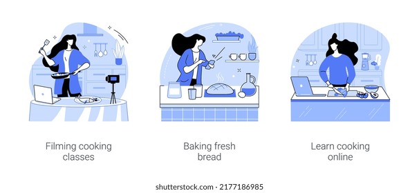 Learn cooking isolated cartoon vector illustrations set. Showing food preparation process, filming culinary classes, baking fresh bread at home, watch online cooking tutorial vector cartoon.