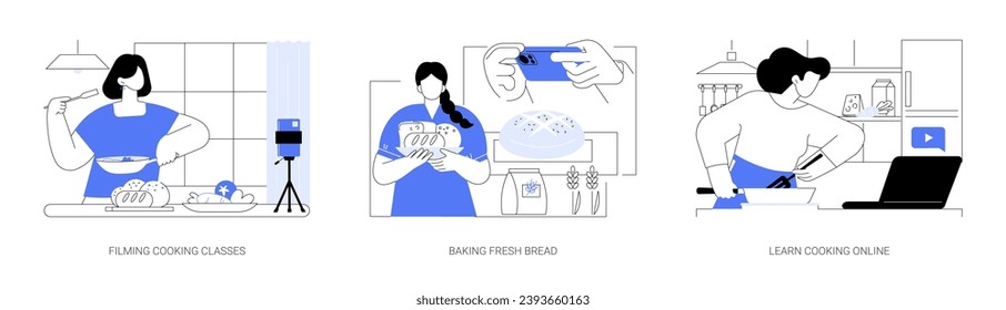 Learn cooking isolated cartoon vector illustrations set. Showing food preparation process, filming culinary classes, baking fresh bread at home, watch online cooking tutorial vector cartoon.