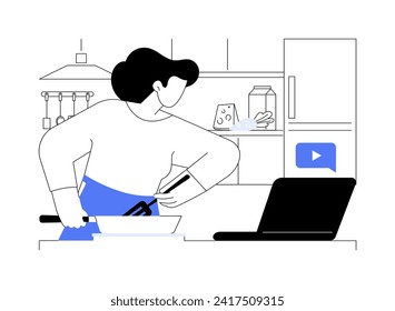 Learn cooking online isolated cartoon vector illustrations. Woman watching online culinary blog, learning cooking with video classes at home, kitchen appliances and food around vector cartoon.