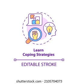 Learn coping strategies concept icon. Support group benefit abstract idea thin line illustration. Problems solving. Isolated outline drawing. Editable stroke. Roboto-Medium, Myriad Pro-Bold fonts used