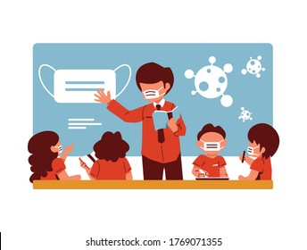 Learn corona virus at school, new normal, student and teacher use mask in the school. Teacher explaining about corona virus. vector illustration.