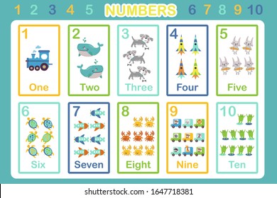 Learn to count from 1 to 10 illustrated poster. Cute vector collection with boys staff Whale, trains, dog, spaceship, hares, turtles, planes, crab, cars, toad, cute animals. Numbers poster One, Two