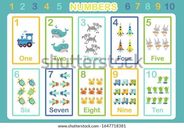 Learn to count from 1 to 10 illustrated poster. Cute\
vector collection with boys staff Whale, trains, dog, spaceship,\
hares, turtles, planes, crab, cars, toad, cute animals. Numbers\
poster One, Two