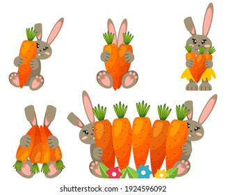 Learn to count from 1 to 5 with funny bunnies. Carrots vector illustration.