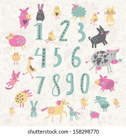 Learn to count concept set. All numbers and funny cartoon animals: cat, dog, cow, horse, rabbit and others in vector