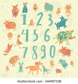 Learn to count concept set in cartoon style. All numbers and funny cartoon animals: cat, dog, cow, horse, rabbit and others in vector