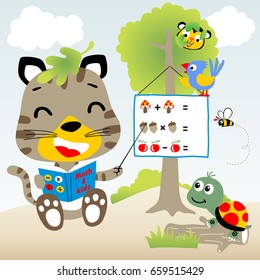 Learn to count in the forest with funny animals cartoon, vector cartoon illustration