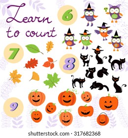 Learn to count  Halloween related cute collection. Vector illustration