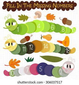 Learn to count number.Fill in the missing numbers- cartoon  caterpillar - stock vector