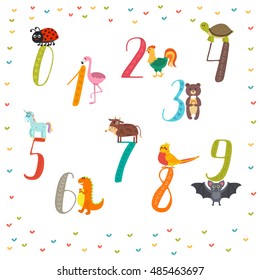 Learn to count numbers. Funny cartoon childish illustration with cute animals. Vector illustration