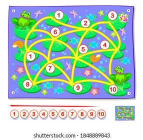 Learn count numbers. Math education for little children. Draw the line from 1 to 10. IQ test. Logic puzzle game with labyrinth. Printable worksheet for kids textbook. Play online.