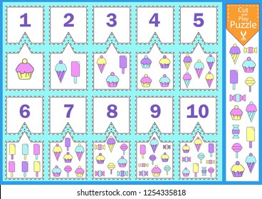 Learn to count. Numbers puzzle with set different sweets. Funny children matching game. Kids Mathematical count activities page. Cut and play. Worksheet with vector illustrations.