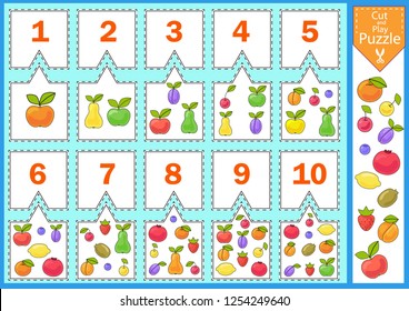 Learn to count. Numbers set puzzle with different fruits and berries. Funny children matching game. Kids Mathematical count activities page. Cut and play. Worksheet with vector illustrations.