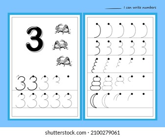 Learn to count and trace number three. Set of educational pages in line for little children. I can write numbers. Black and white printable worksheets for school math textbook. Kids activity sheet.