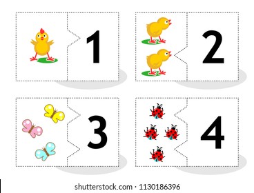 Learn counting 2-part puzzle cards to cut out and play, with chicks, butterflies, ladybugs, numbers 1 - 4