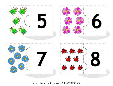Learn counting 2-part puzzle cards to cut out and play, with beetles, flowers, ladybugs, numbers 5 - 8