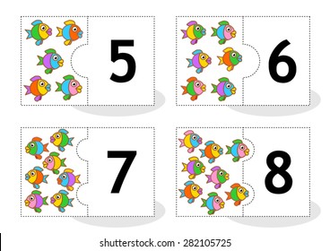 Learn counting 2-part puzzle cards to cut out and play, fish themed, numbers 5 - 8