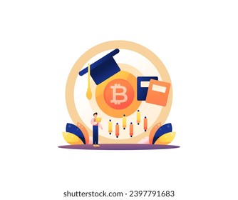 learn crypto and blockchain technology. trading and mining Bitcoin. class or bootcamp. courses or training. education, stocks, cryptocurrencies. illustration concept design. graphic elements. vector