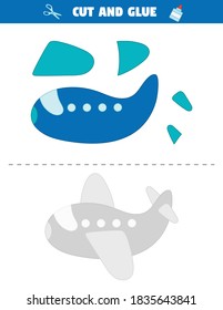 Learn cut and glue create airplane. Educational worksheet for preschool kids. Paper printable game. Transportation theme.