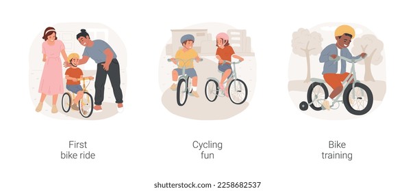 Learn cycling isolated cartoon vector illustration set. First ride, parent help kid to go on bicycle, children cycle together, have fun, small bike with training wheels, active life vector cartoon.