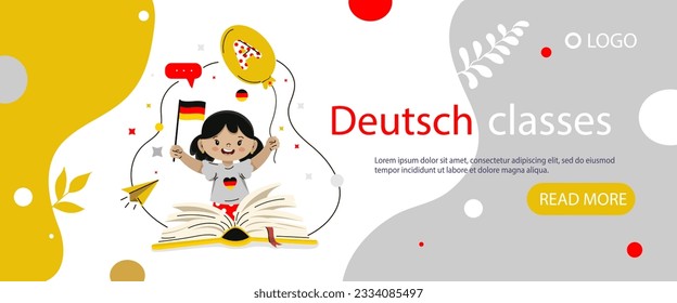 Learn Deutsch language banner flyer in doodle style. Vector illustration.