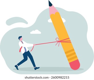 Learn and develop yourself. Businessman dragging a big pencil. Vector
