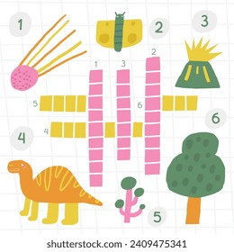 Learn dinos crossword game for kids. Cute hand drawn doodle funny Jurassic era dinosaur puzzle. Educational worksheet, mind task, riddle, strategy quiz, mental teaser, challenge, brain trainer for chi