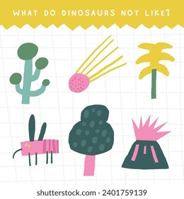 Learn dinos period game for kids. Cute hand drawn doodle funny Jurassic era dinosaur puzzle. Educational worksheet, mind task, riddle, strategy quiz, mental teaser, challenge, brain trainer for childr